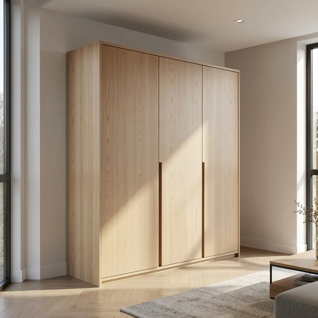 Bespoke minimalist oak wood wardrobe in a bright modern living room with natural sunlight