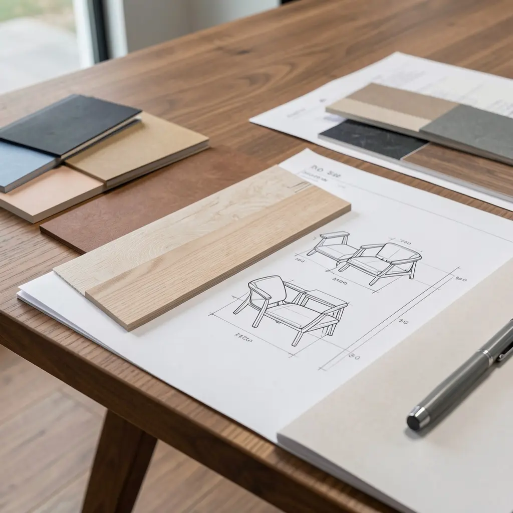 Professional furniture consultation with material samples and design sketches