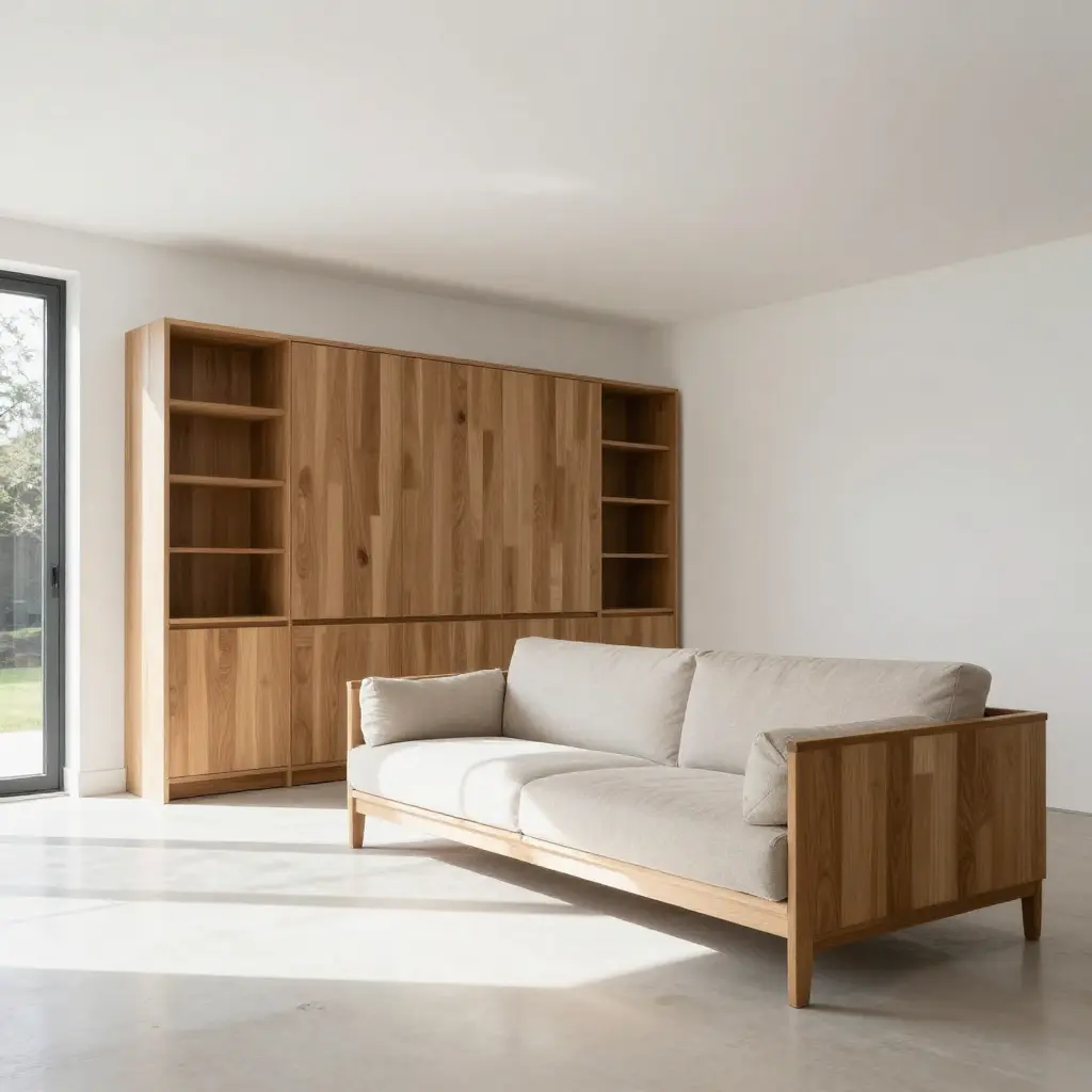 Modern living space featuring custom-made oak wood furniture integrated into a bright interior
